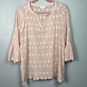 J. Jill Tonal Embroidered Baby Pink Ruffle Sleeve Semi Sheer Tunic Top Medium
